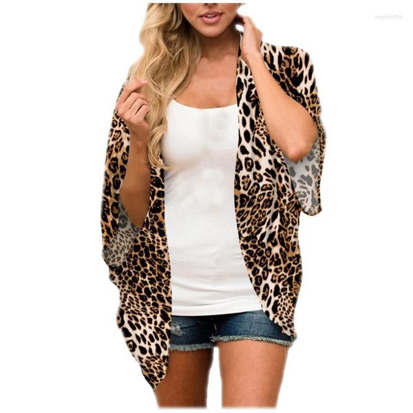 Maglieria da donna T-shirt da donna Cardigan Donna Floreale Stampa leopardata Manica 1/2 Scialle Chiffon Kimono Spiaggia Bikini Cover Up Wrap Beachwear