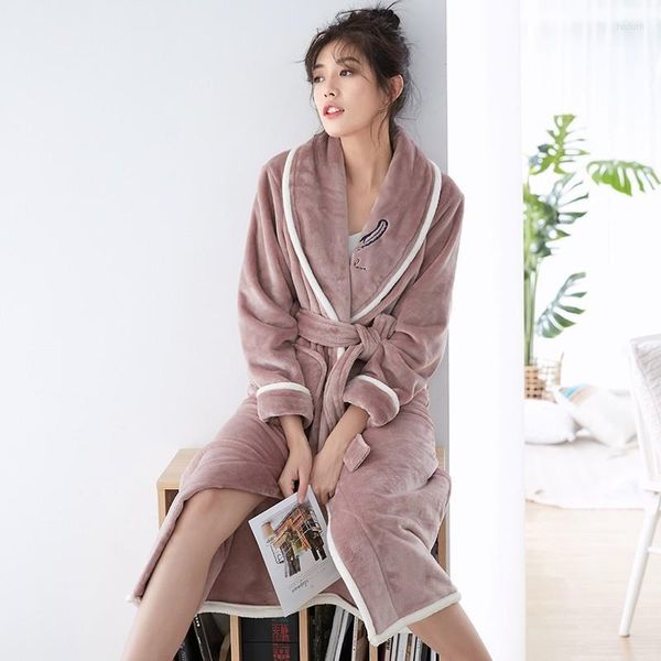 Ropa de dormir para mujer Coral Fleece Ropa de dormir Invierno Dama Kimono Bata de baño Cálido Franela Robe Nightgown Pareja Grueso Largo Sexy Hogar