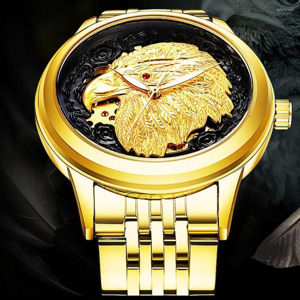 Armbanduhren 3D geschnitzter Adler Zifferblatt Tourbillon Automatikuhr für Männer Luxus mechanische Herrenuhren Gold Edelstahl Relogio Masculino