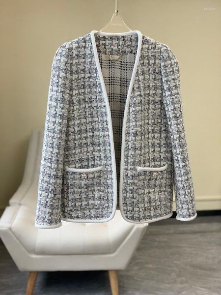 Jackets femininos Ladies 2022 de alta qualidade Moda de manga longa Cheque imprimir jaqueta de tecido 1010 feminino