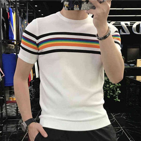 Erkek Tişörtler 2022 Gerilmiş Erkekler Tişört Patchwork Renk Stripe İnce Fit Örme Tişört Homme O-Neck Street Giyim Moda Gökkuşağı T-Shirt T220909