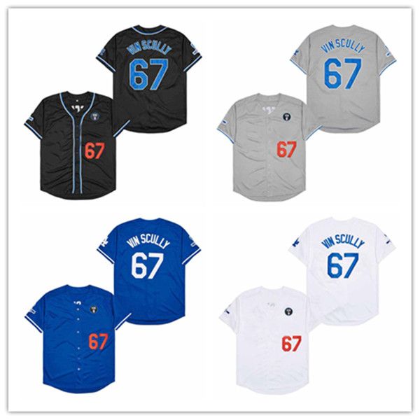 Maglia da baseball da uomo LA 67 Vin Scully Voice 1950-2016 Patch Blu Bianco Grigio Nero Home Road Ricamo Camicie da donna Taglia S-4XL