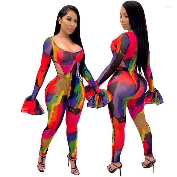 Damen Trainingsanzüge BKLD Mesh Sheer Print Nachtclub Lang Flare Sleeve Bodysuit und Hosen für Frauen Party 2 Stück Set Mode Sommer 2022