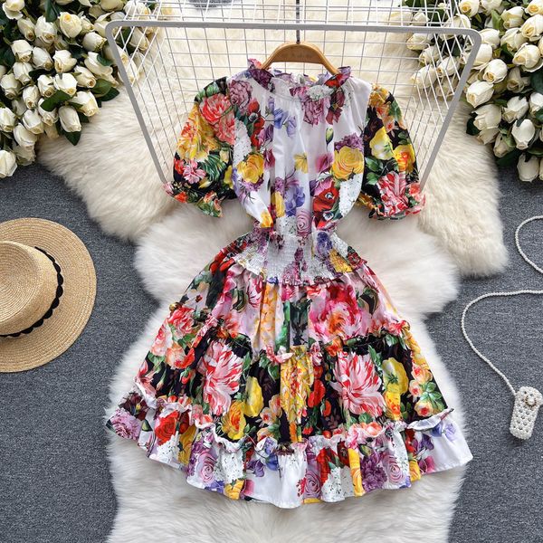 Sommer Kleid Frauen Kurze Palace Print Kontrast Farbe Lotus Blatt Hohe Taille Schlank Kurzarm Puffy Strand Mini Kleider 2023