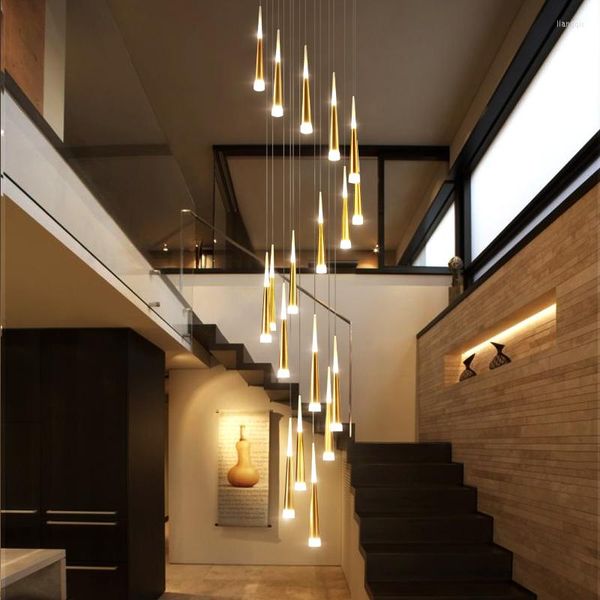 Pendelleuchten, LED-Kronleuchter, Gold/Schwarz/Weiß/Kaffee/Silber, Treppenhaus, lange Lampe, Duplex-Gebäude, Villa, Dachboden, verstellbare Hängeleuchte