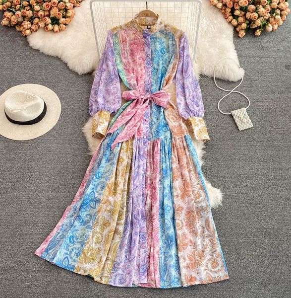 Vestido feminino primavera gola puff manga longa vintage impressão floral moda vestidos tie dye longo festa de luxo 2023