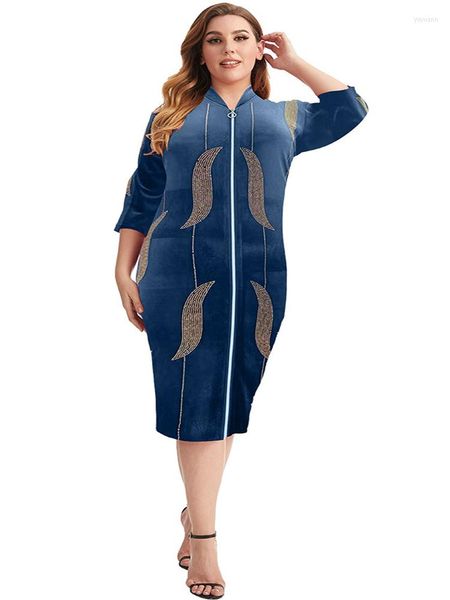 Abiti taglie forti Abito in velluto Donna Manica 3/4 Cerniera Ropa Mujer Autunno Diamante Oversize Velluto Office Lady Abiti dritti