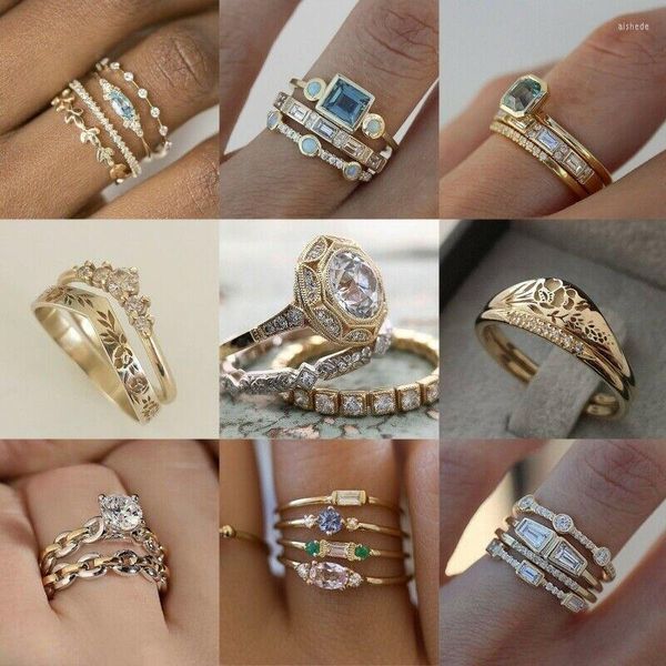Anéis de casamento 2/3/4pcs de cristal azul de ácido tendente para mulheres Amarelo cor de ouro Acessórios para jóias femininos presentes por atacado