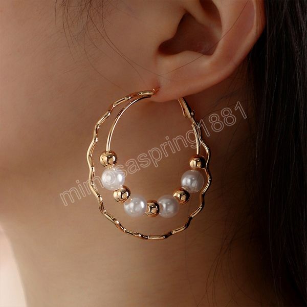 Boho geometrico esagerato imitazione perla orecchini a cerchio con perline color oro orecchino sottile in metallo per ragazze regali di gioielli di moda