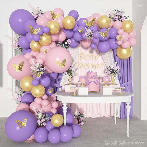 Parti Dekorasyonu 139pcs Macaron Mor Arch Garland Balon Kiti Altın Kelebek Sticker Bebek Duş Doğum Günü Yıldönümü Globos