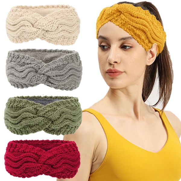 Winter Warm Plüsch Gestrickte Stirnband Einfarbig Frauen Kreuz Breites Haarband für Laufen Reiten