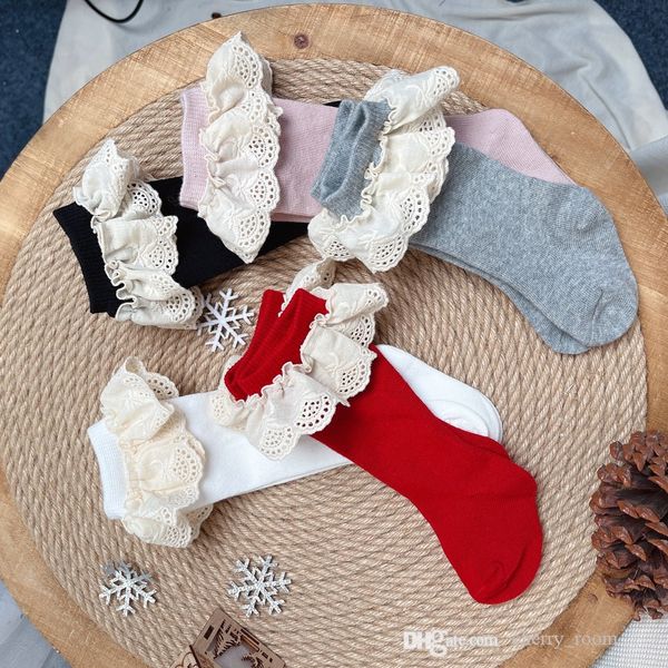 INS estilo español niñas calcetines dulce encaje niños Navidad tubo largo calcetín de lana niños niño pequeño calcetines hasta la rodilla medias de punto S2155