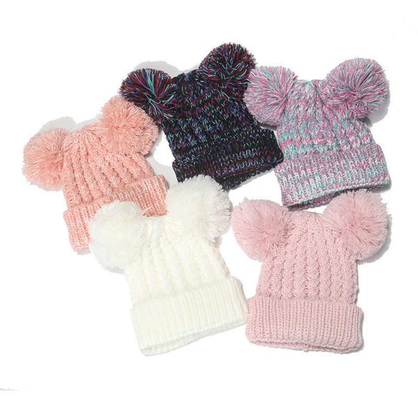 Cappello lavorato a maglia per ragazzi e ragazze, pasta fritta invernale per bambini, colore misto, cappello di lana per bambini a doppia sfera, caldo e carino