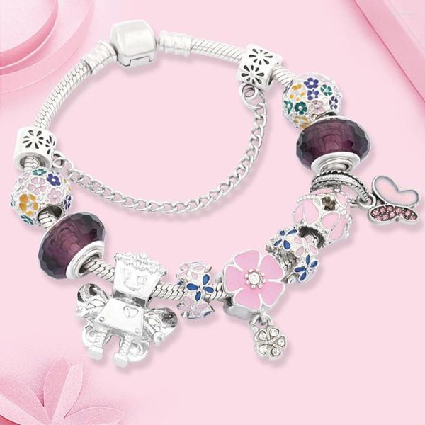 Bracelets de charme soltem românticos colorido cor de cerejeira pulseira de cor prata colorida fada robô de fada para mulheres presente de menina