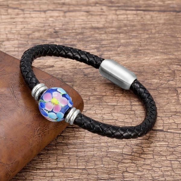 Charm Armbänder 2022 Design Echtes Leder Männer Armband Runde Farbige Glasur Perlen Edelstahl Magnet Herren Schmuck Geschenk