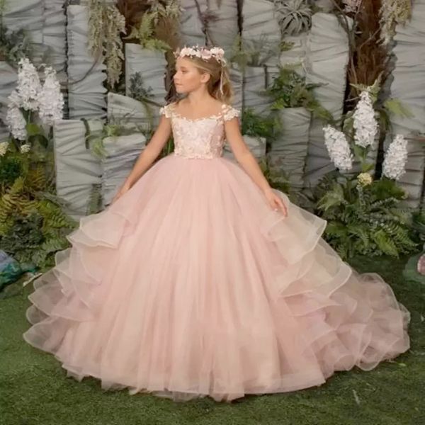 Rosa Schulterfreies Ballkleid Prinz Blumenmädchenkleider 2022 Sweep Zug Mädchen Festzug Kleider Spitzenapplikation Erstkommunion Prinzessin Kleid