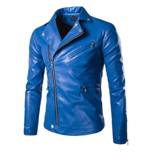 Мужская кожаная искусственная высококачественная мужчина Slim Blue Motorcycle Jackets Punk Style Осенью мужское наклонное молнии замше