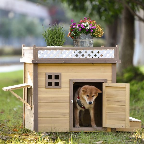 Canelas de canis 31.5in Wooden Dog House Puppy Shelter Kennel Carramento de cães internos externos com suporte de planta com mobília de alimentador de madeira 220912