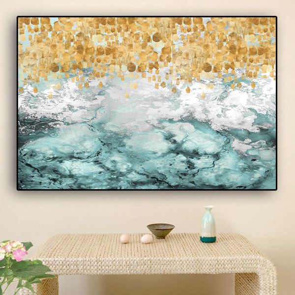 Dipinto su tela Onda blu Oro Astratto Paesaggio Dipinto ad olio su tela Poster e stampe Nordic Wall Art Picture for Living Room Cuadros Decor