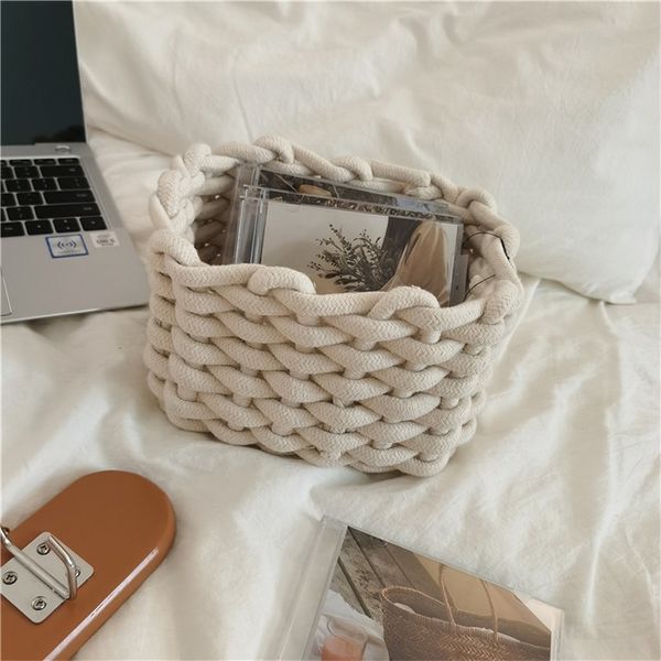 Aufbewahrungskörbe Cutelife Nordic Cotton Rope Woven Small Storage Basket White Kitchen Folding Picnic Baskets Home Decorative Toy Organizer Basket 220912