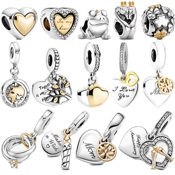 Nuovo autentico popolare ciondolo a forma di cuore in oro con perline rotonde in argento sterling 925 per bracciale Pandora Gioielli da donna fai da te Accessori per gioielli di moda