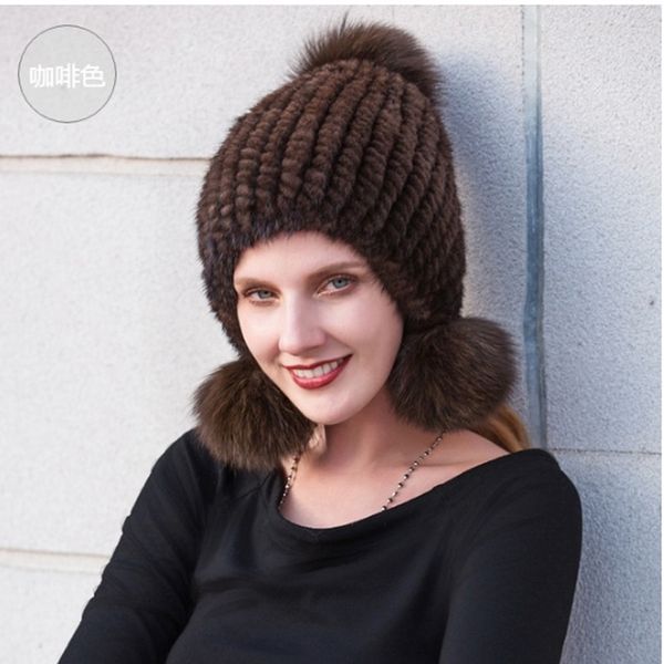 Cappello invernale caldo 100% importato berretto di pelliccia di visone con pompon di pelliccia di volpe marrone nero