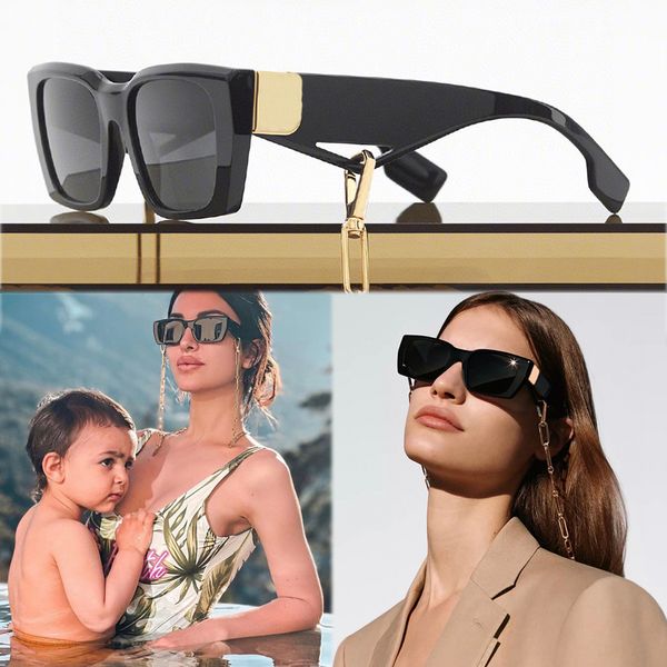 Motiv-Sonnenbrille mit rechteckigem Rahmen und Kette, vergoldetes Motiv, Luxus-Designer-Brille für Damen und Herren, 4336 Bügel, eingravierter Schriftzug am Kettenclip, Strandbrille