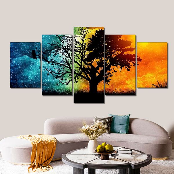 5pcs Set Notte Astratta Alberi Colorati Tela Pittura Paesaggio Moderno Poster E Stampe Wall Art Per La Decorazione Domestica