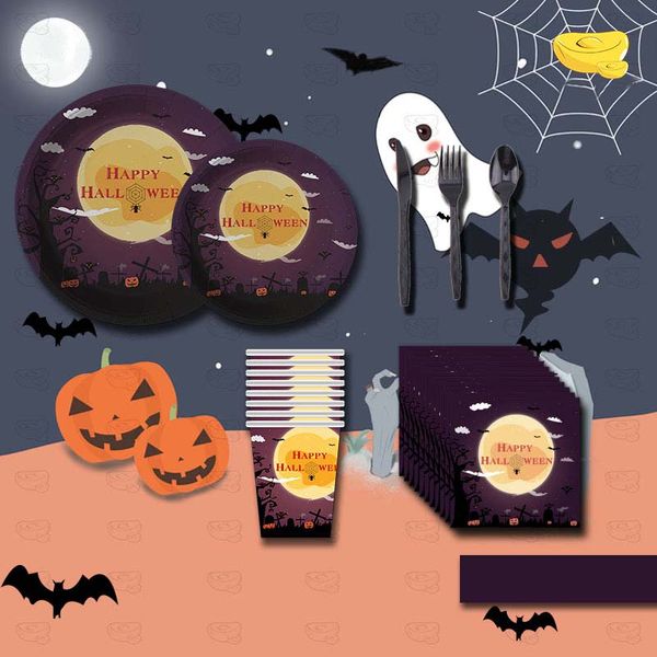 Talheres de festas configuram para o Halloween Dinnerween de festas Halloween Placas de papel festivas xícaras e garfos
