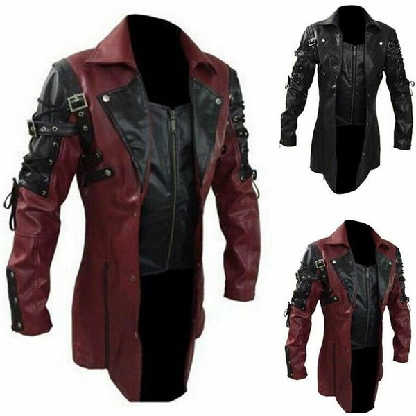 Giacche da uomo Eu Size Mens Steampunk Gothic Pu Trench coat in pelle Giacca soprabito Giacca da motociclista 220912