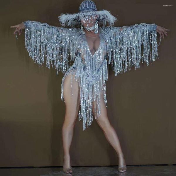 Stage Wear Argento Brillante Strass Nappa Sexy Body Con Cappello Per Le Donne Sfilata Di Moda Modello Abbigliamento Costume Danza Jazz Indossa