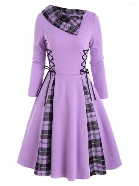 Vestidos casuais renda feminina up xadrez de gole de colarinho vintage gótico mangas compridas moda moda para o joelho vestido de festa