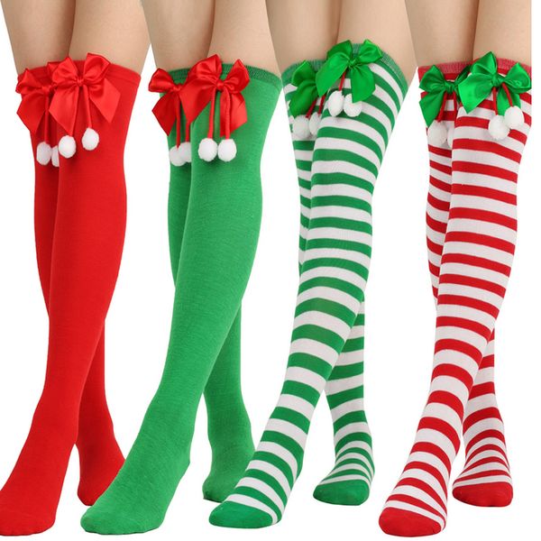 Mulheres listradas meias longas para presente Party Bowknot Ball Christmas Sock Meking