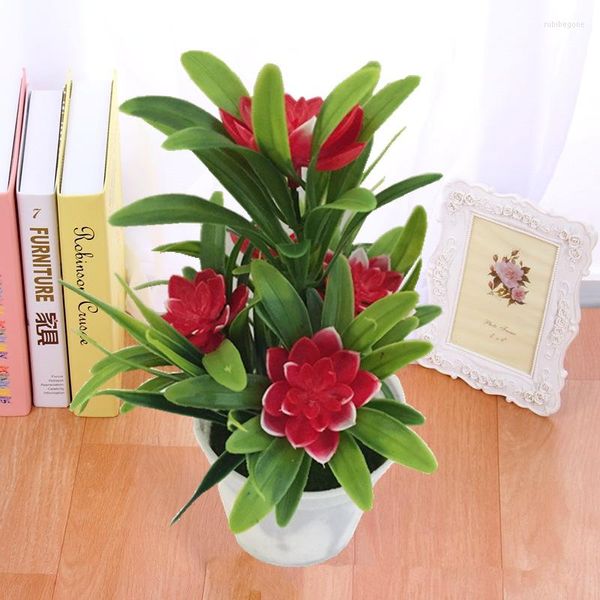 Flores decorativas de 7,08 polegadas em vasos artificiais com 5 pequenos ornamentos de desktop de simulação de lótus