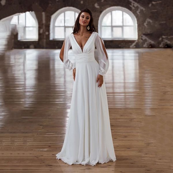 Abito da sera bianco semplice a maniche lunghe con scollo a V in chiffon da spiaggia, abito da ballo, abiti da sposa Vestido De Casamento estido