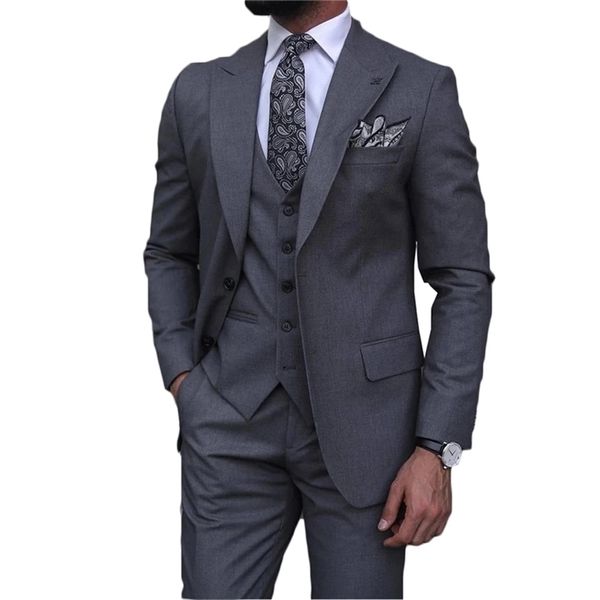 Мужские костюмы Blazers Classic Grey Men Suits Business Lapel Slim Fit Prom Sadving Groom Costum