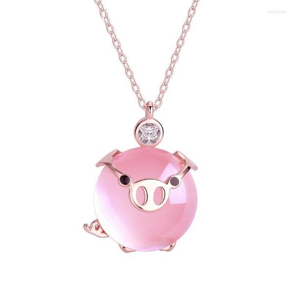 Anhänger Halsketten Rose Gold Farbe Rosa Opal Chokers Synthetische Ross Quarz CZ Halskette Schwein Für Frauen Mädchen Geschenk Tropfen Schmuck