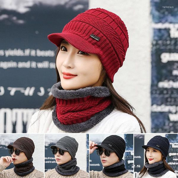 Berretti Cappello lavorato a maglia e sciarpa ad anello circolare Set elastico caldo peluche Scaldacollo Avvolgere Sci invernale Pattinaggio Indossare per donna Uomo -MX8