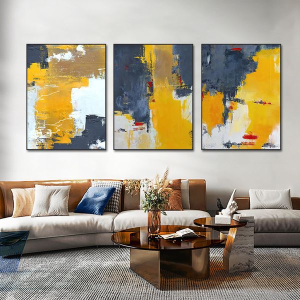 3-teiliges abstraktes Gelb mit grauer Leinwandmalerei, moderne nordische Poster und Drucke, Wandkunst für Wohnzimmer, Heimdekoration