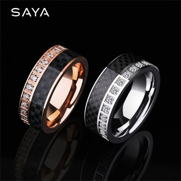 Eheringe Ring für Männer Frauen Wolfram-Verlobungsband Inlay aus schwarzer Kohlefaser und glänzenden CZ-Steinen, individuell gestaltet 220912