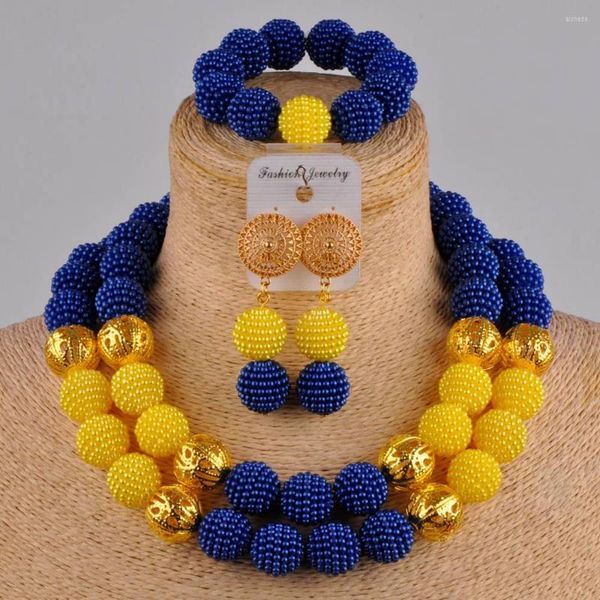Halskette Ohrringe Set Königsblau Gelb Afrikanischer Schmuck Simulierte Perle Nigerianische Perlen Hochzeitssets FZZ10