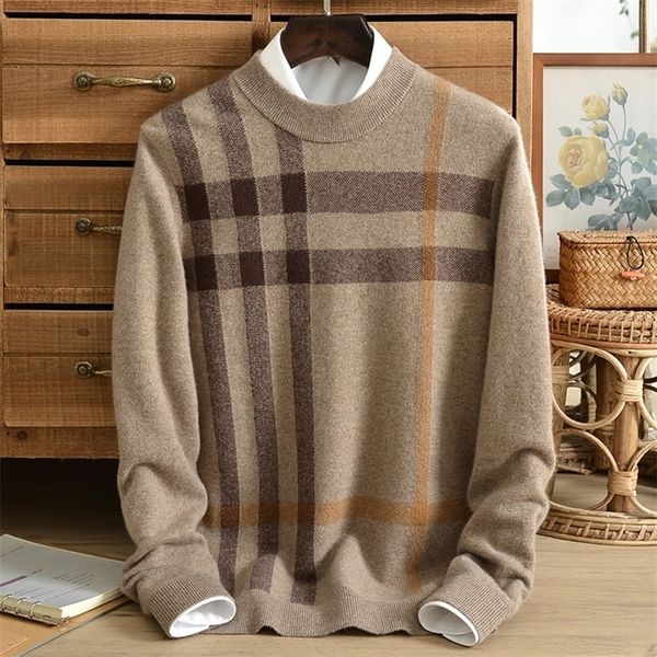 Maglioni da uomo Maglione invernale in puro cashmere ispessito da uomo maglione mezzo dolcevita scozzese 100% puro cashmere pullover con fondo camicia 220912