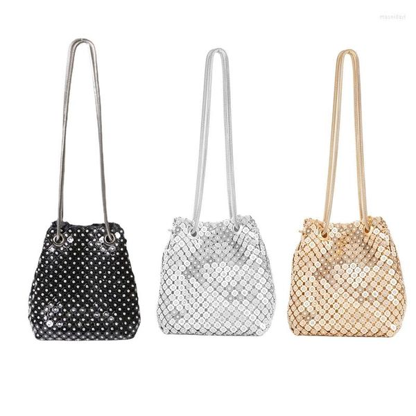 Akşam çantaları moda alüminyum payetler parti çanta kadınları parlayan rhinestone kova çantası All-mwch-mwch flating crossbody omuz