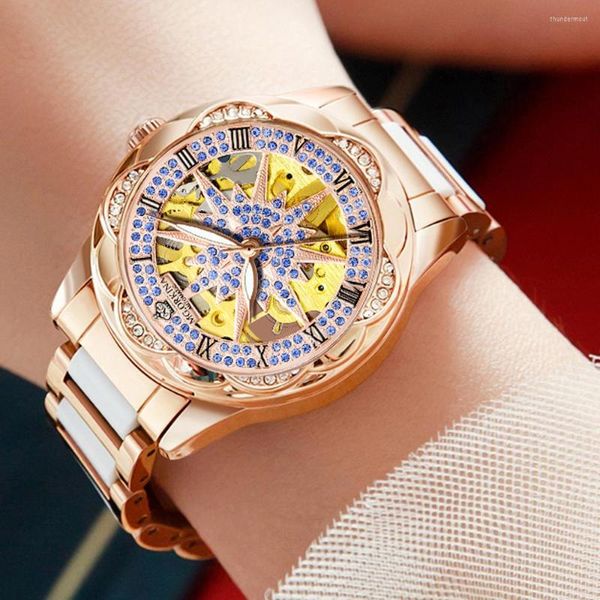 Relógios de pulso Hollow Women Mechanical Watches Mechanical Ceramics Band Automático Relógio Automático Visto para Montre Femme Presentes de Natal 2022