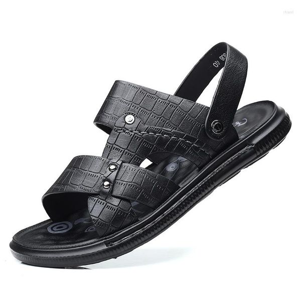 Sandálias 2022 Summer Men's Crocodile Pattern Business Business Casual Non Slip Beach Shoes Top Camada de Chapeiro Aberto