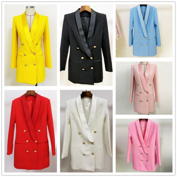 Più nuovo Designer Giacca Blazer Donna Bottoni Leone Doppio Petto Collo a scialle in raso Lungo Brazer Articoli all'ingrosso K10299