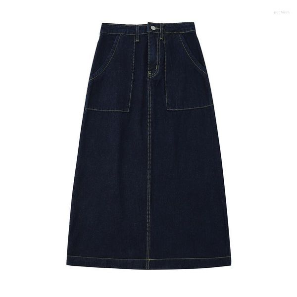 Saias 2022 Moda Casual Salia de jeans azul Spring Autumn A-Line Long Maxi para mulheres jeans de cintura alta
