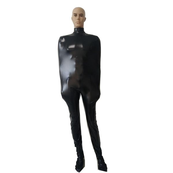 Herren-Catsuit-Kostüme, sexy, schwarz, glänzend, metallisch, Spandex-Zentai-Anzug, für Erwachsene, Cosplay, geteiltes Bein, Mumien-Kostüm, ohne innere Armmanschette