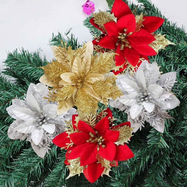 Glitter Yapay Poinsettia Çiçek Berry Düğün Yeni Yıl Noel Kiraz Çiçek Dekorasyonları Noel Ağaç Süsleme
