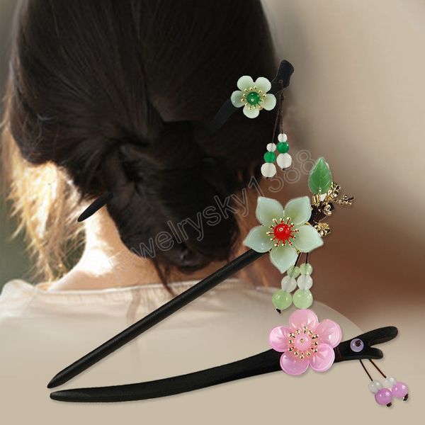 Nappa cinese Fiore Perle Forcine Fermagli Bacchette Bastoncini per capelli Forchette per capelli in legno Gioielli per donne Accessori per acconciature